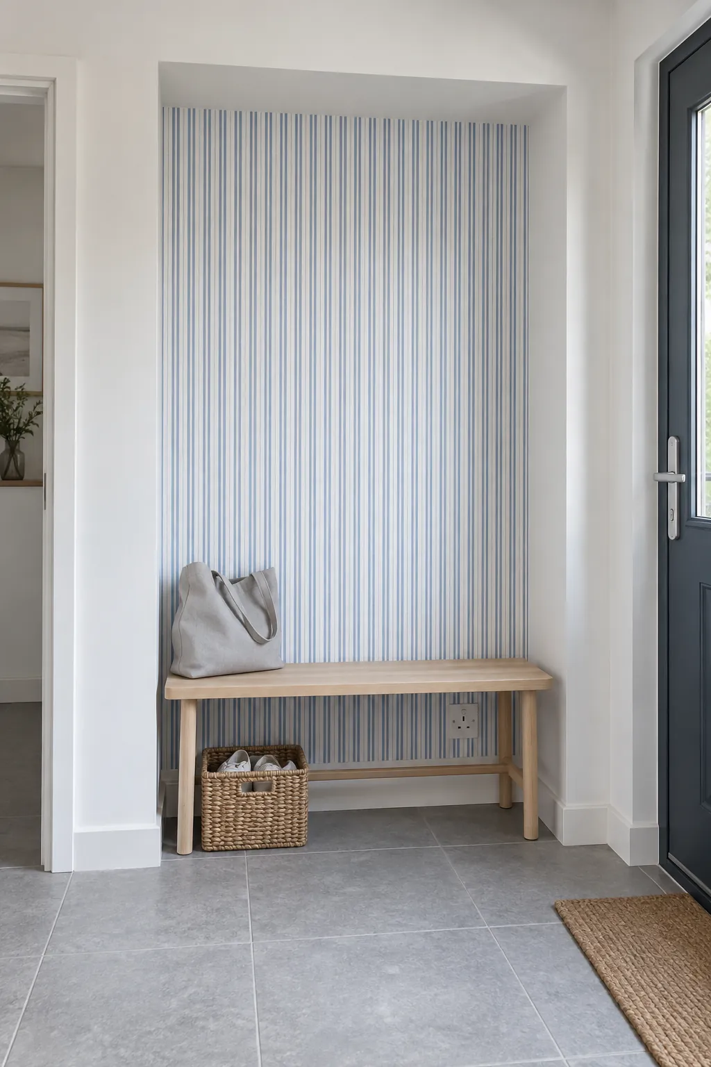 Blue ticking stripe removable wallpaper inside a compact entry alcove