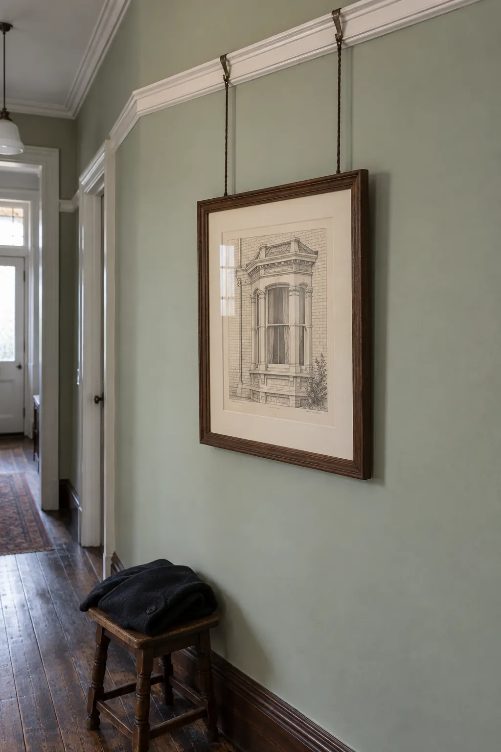 Architectural drawing suspended from an existing picture rail