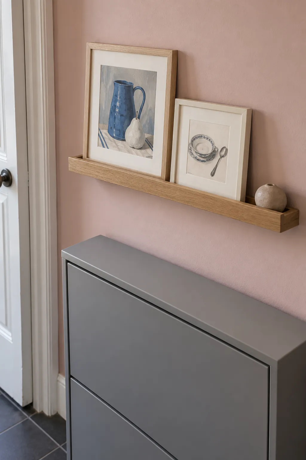 Two small still life prints displayed on an existing shallow picture ledge