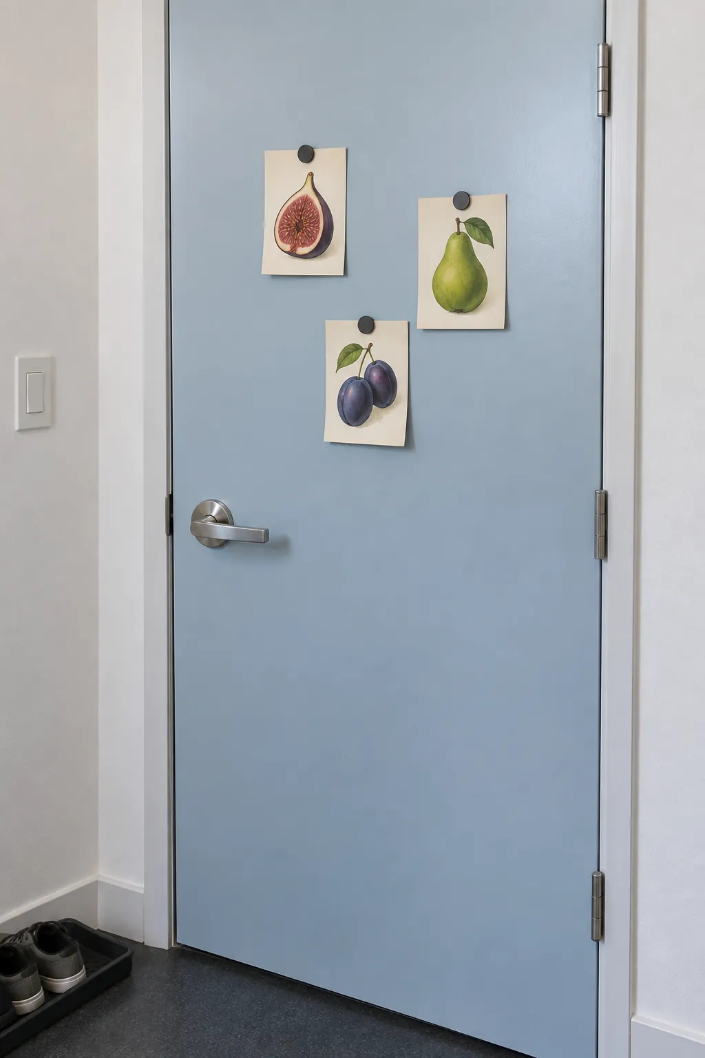 Small illustrated fruit cards held by magnets on an interior steel door