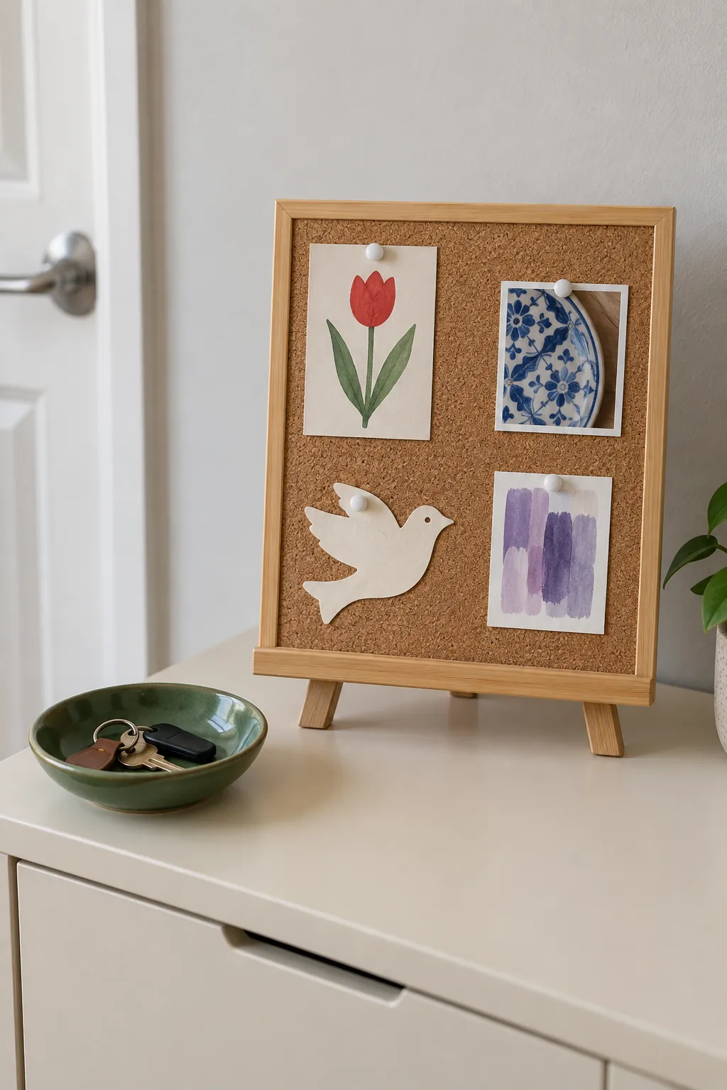 Compact cork board on a tabletop easel with colourful paper keepsakes