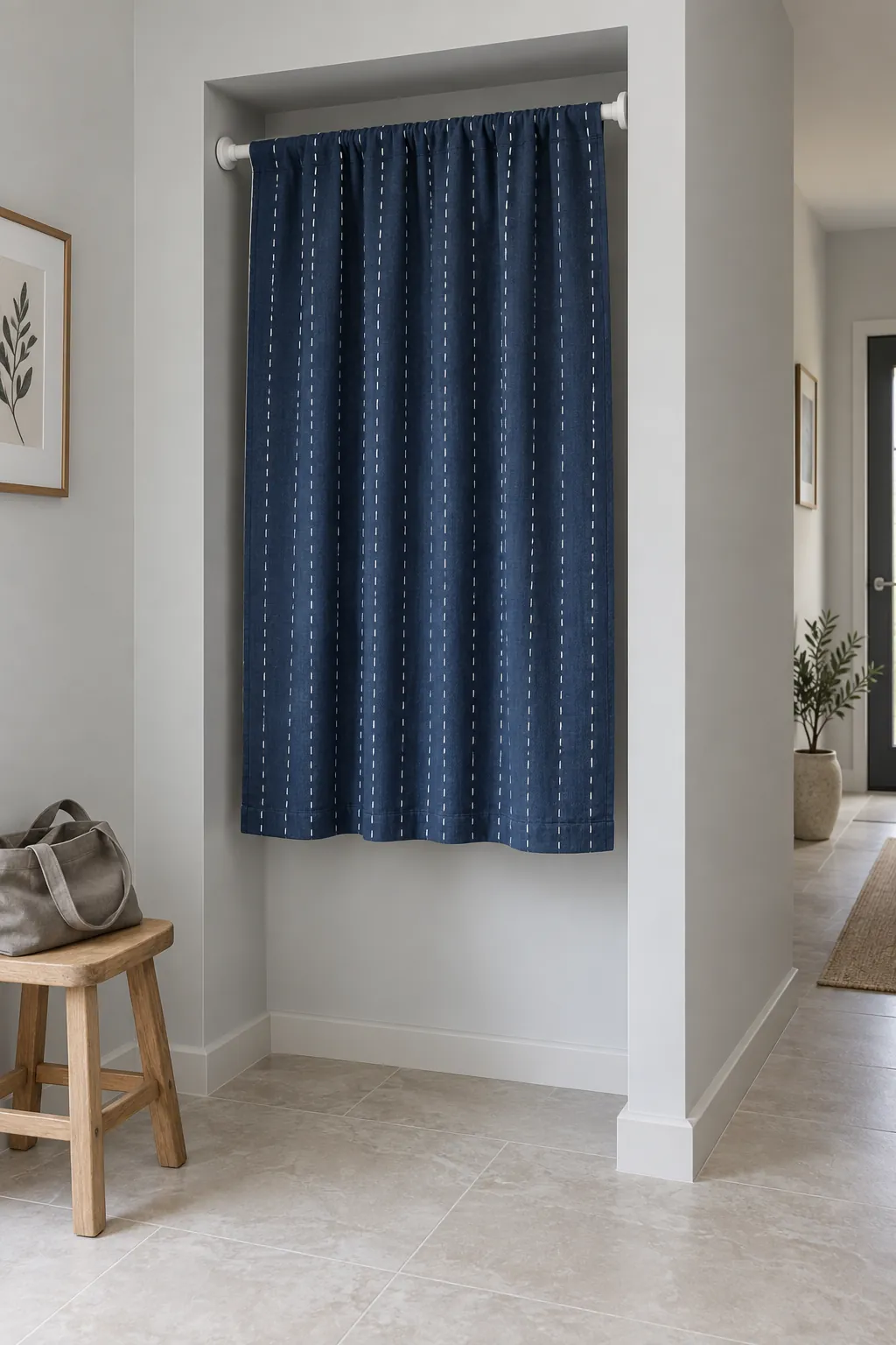 Indigo fabric hanging from a tension rod inside an unused entry recess
