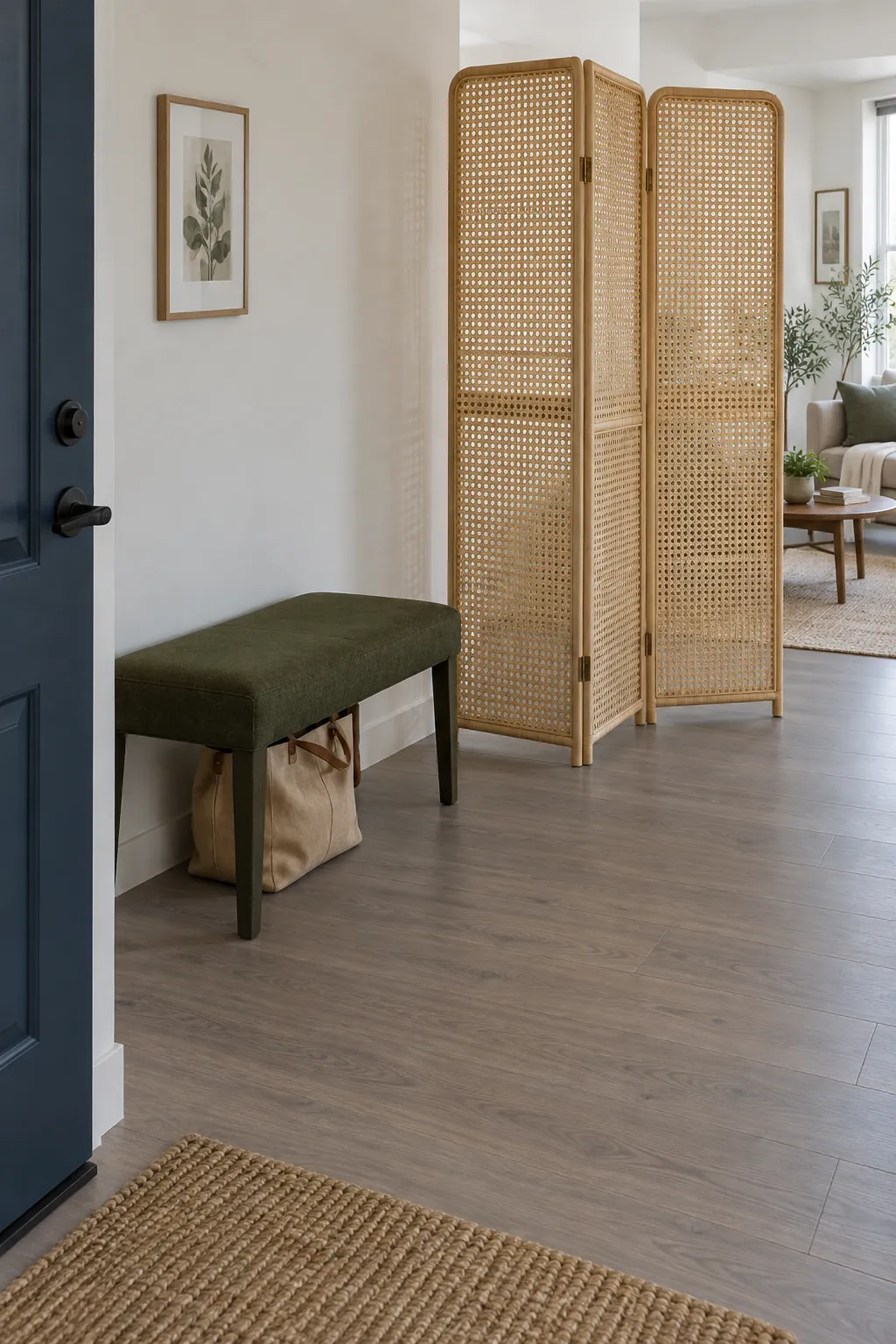 Stable woven folding screen defining a small entry corner