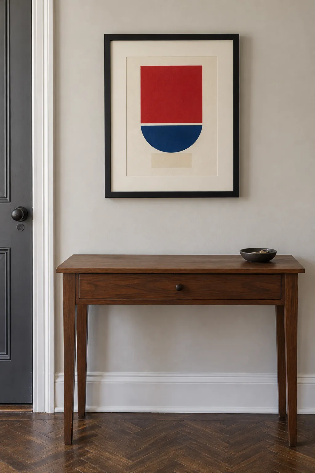 Fresh red and blue block print inside an already mounted entry frame
