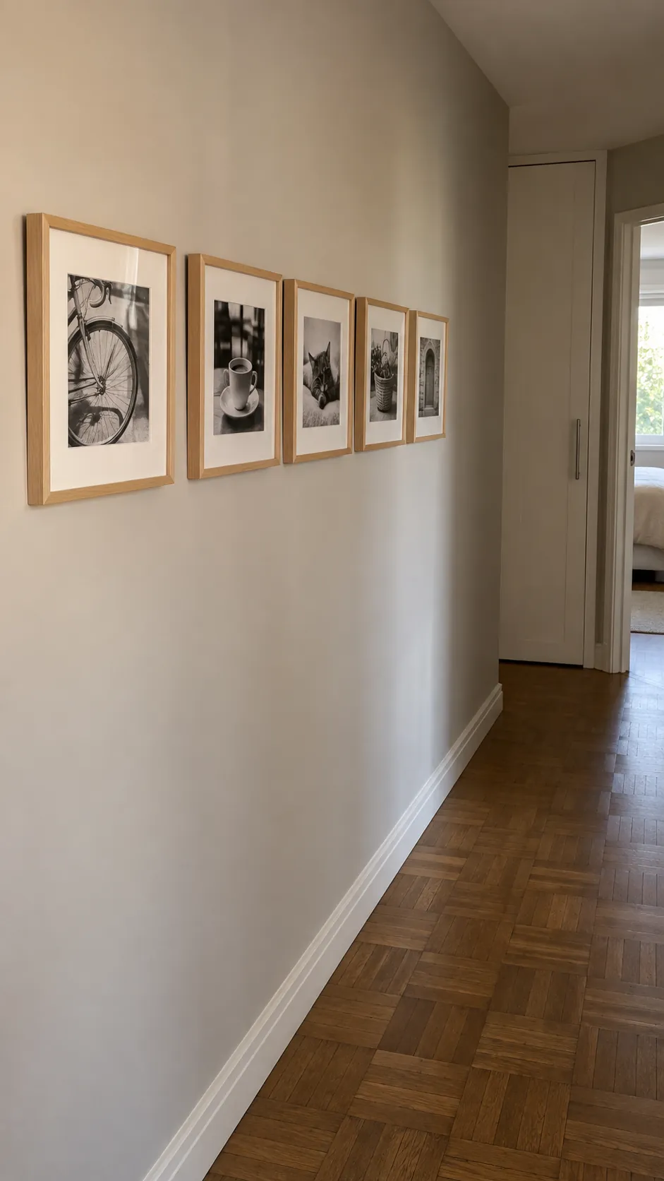 A single row of small personal photographs