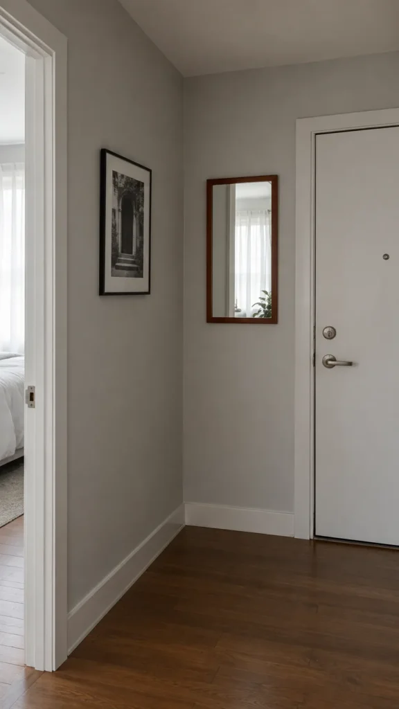 Clear apartment hallway with a slim mirror and a small architectural photograph