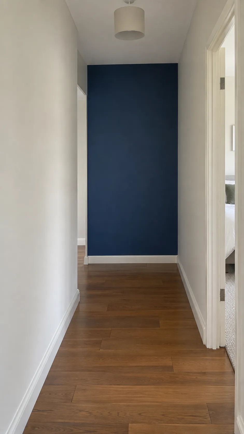 A deep blue end wall