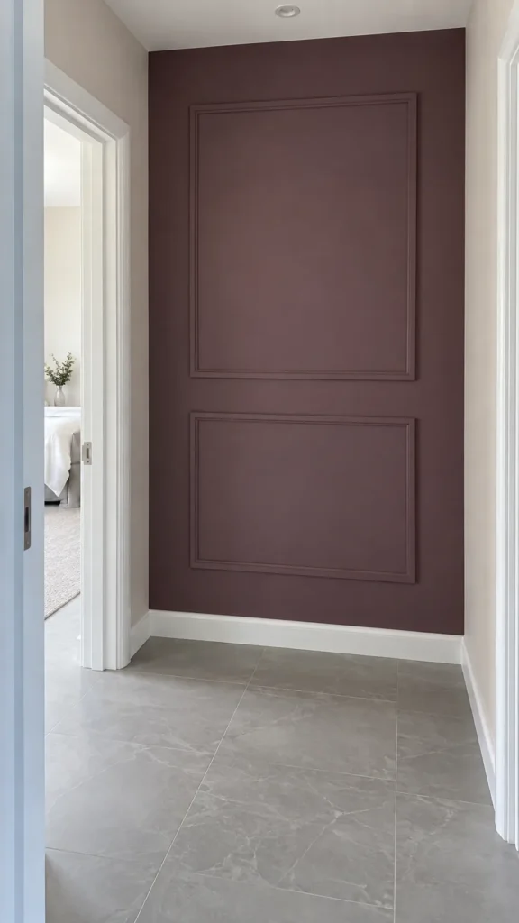 Muted plum hallway accent wall with shallow molding and a clear passage
