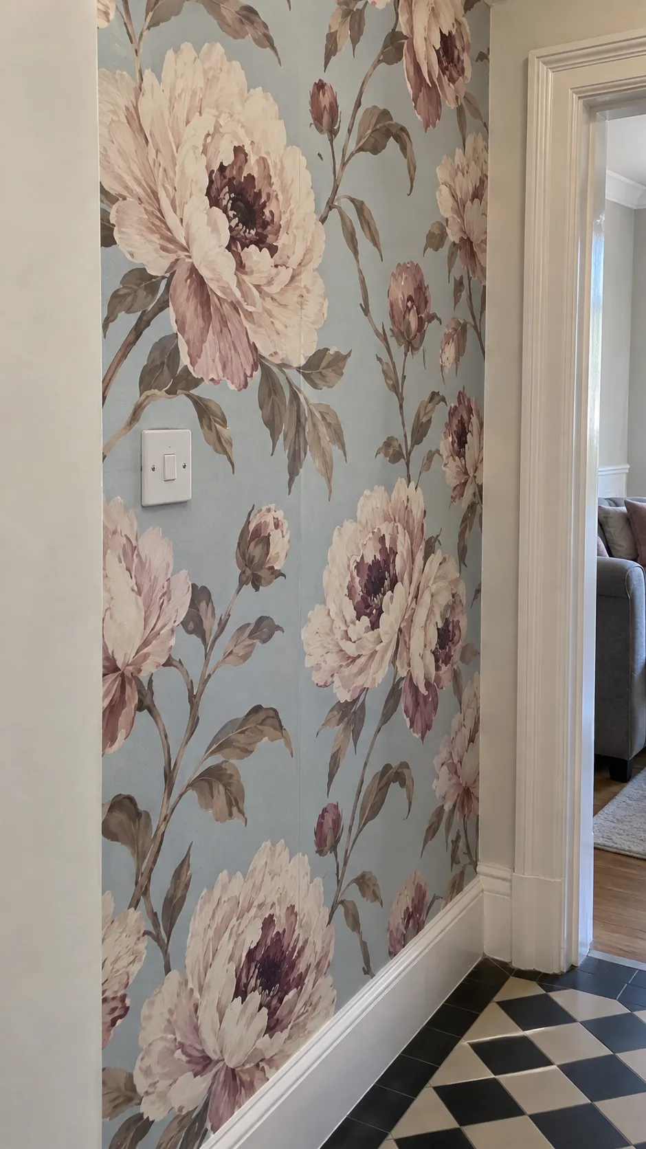 A large floral wallpaper feature
