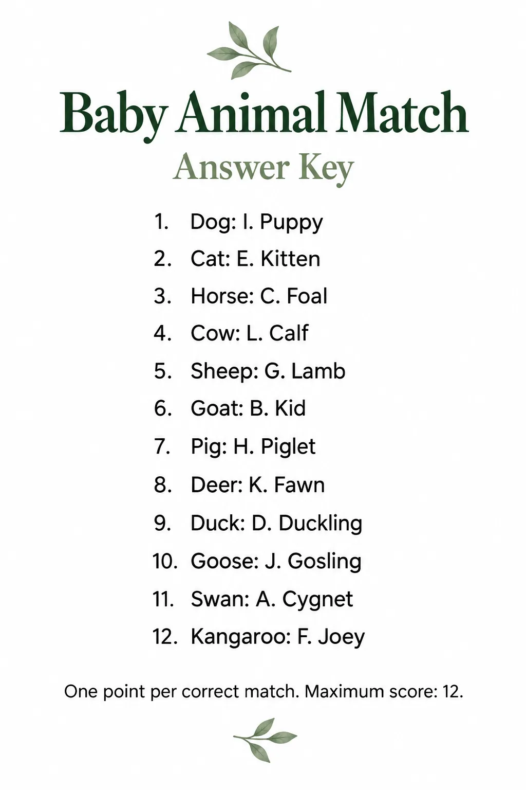 Baby Animal Match answer key showing all twelve correct animal and baby name matches