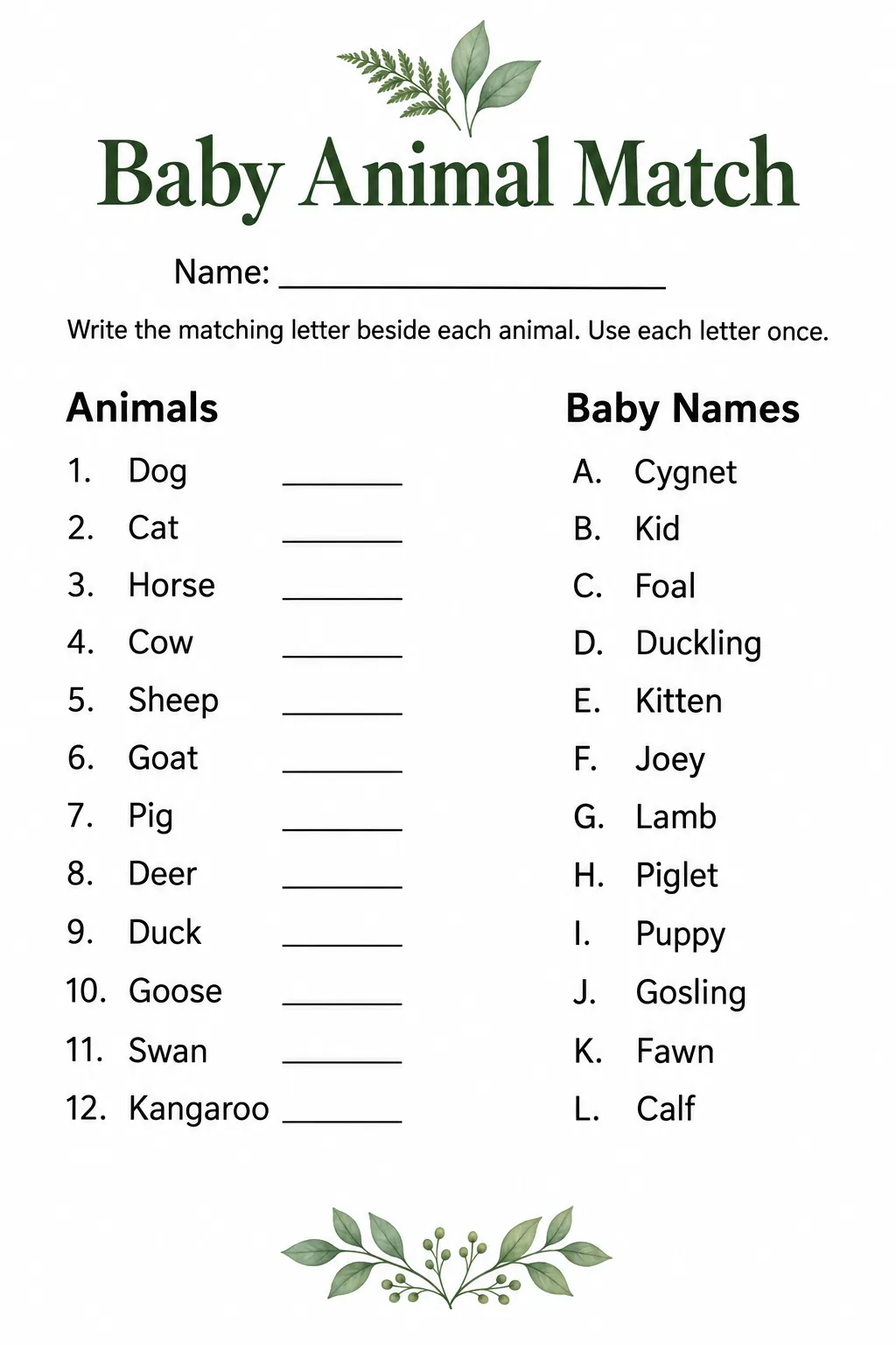 Ready to print Baby Animal Match guest sheet with twelve animals and a lettered answer bank
