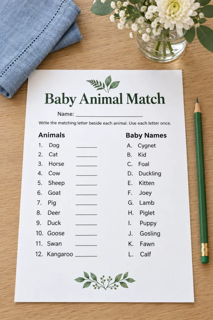 Baby Animal Match printable with a pencil on a baby shower table