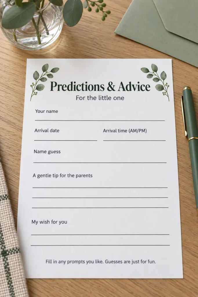 Botanical baby prediction and advice card with a pen on a home table