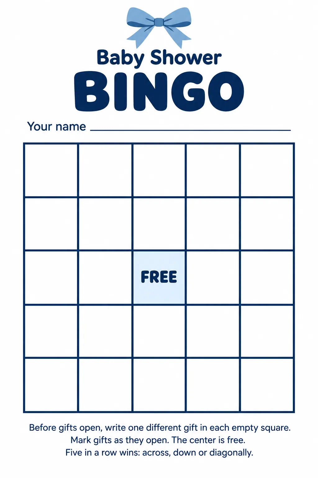 Baby shower gift bingo printable with a five by five blank grid and FREE center