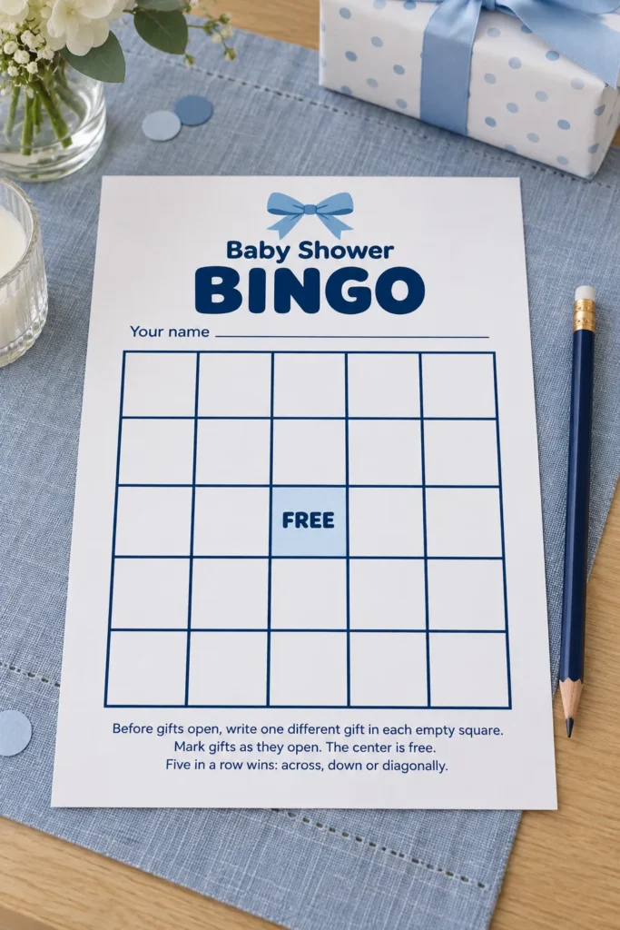 Blank baby shower bingo card and pencil ready for gift opening