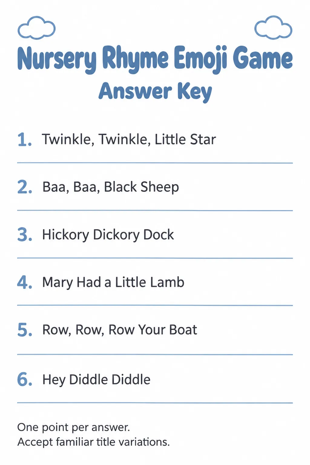 Nursery rhyme emoji game answer key with six numbered solutions