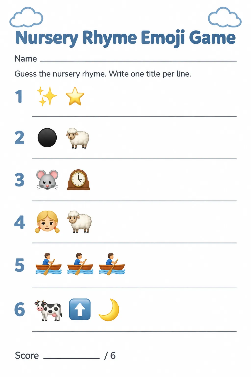 Printable nursery rhyme emoji game with six clues and blank answer lines