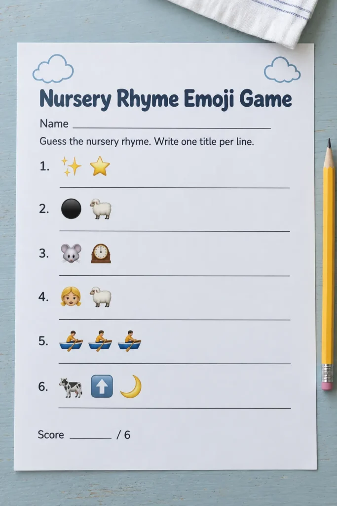 Nursery rhyme emoji game sheet and pencil ready for a baby shower