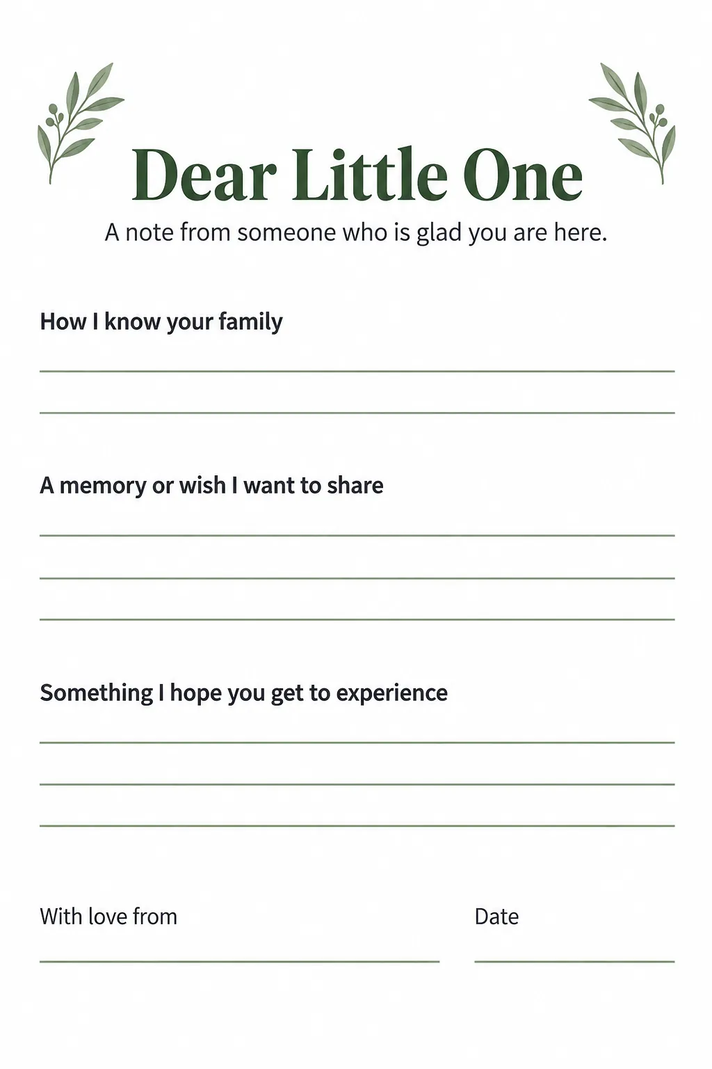 Printable Dear Little One guest message page with memory and wish prompts