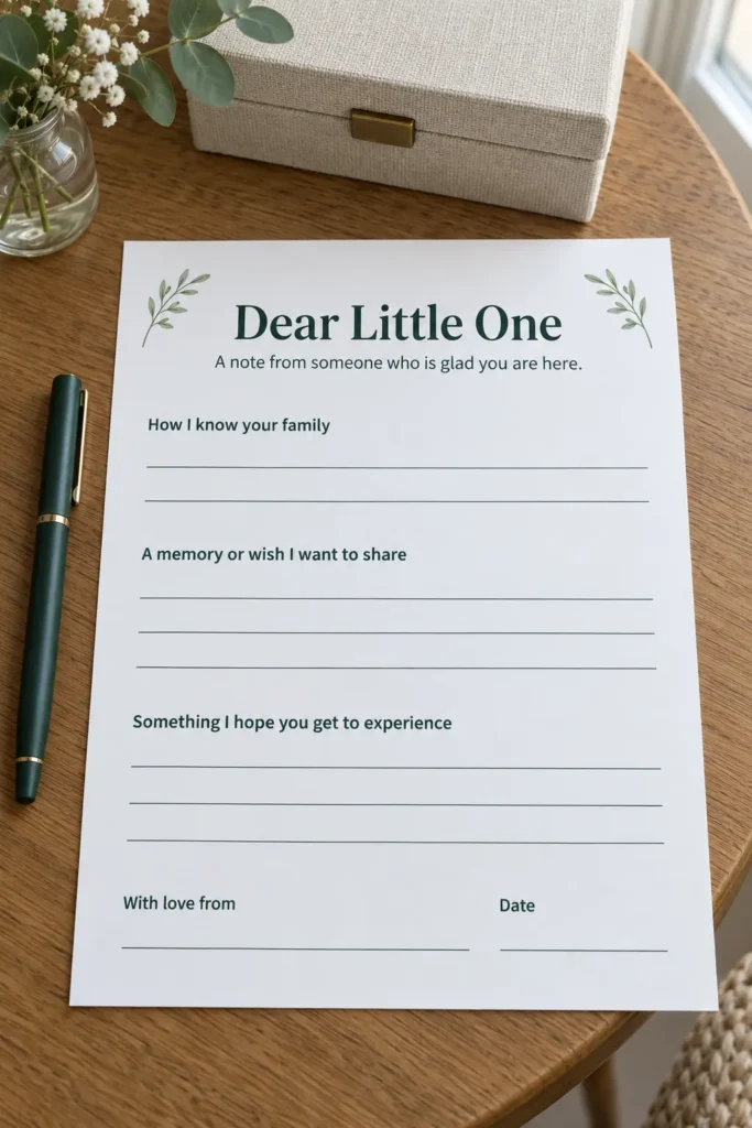 Dear Little One guest message page beside a pen and keepsake box