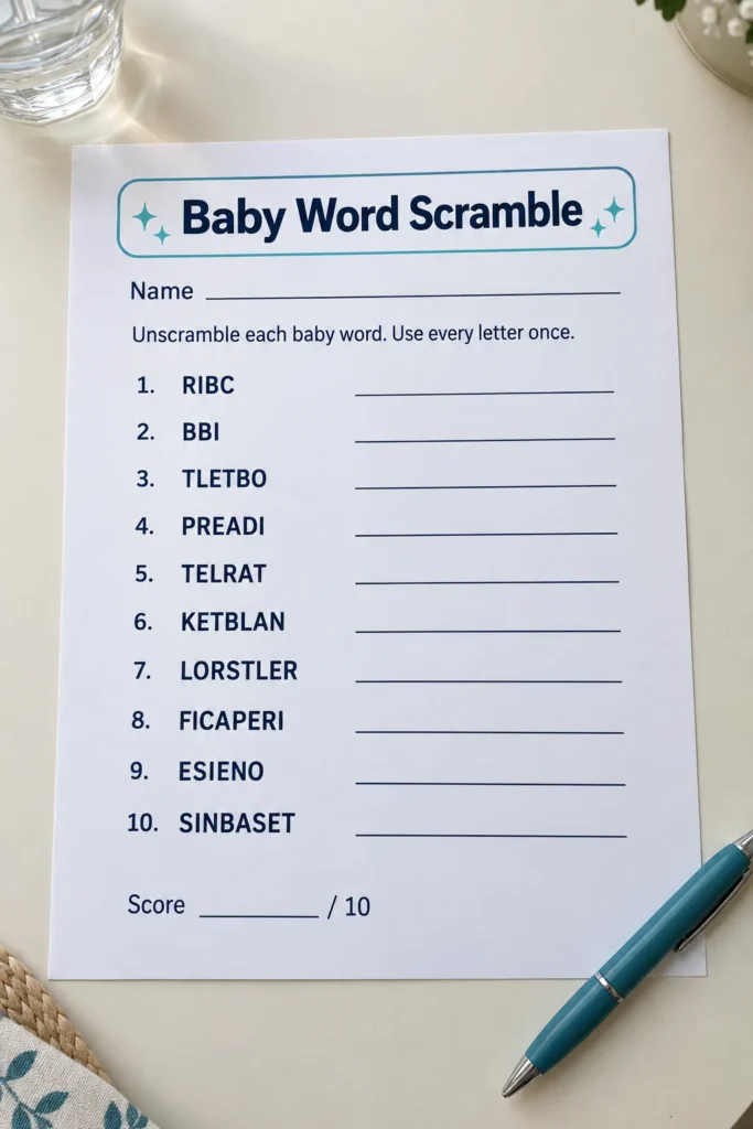 Baby word scramble guest sheet and teal pen on a table