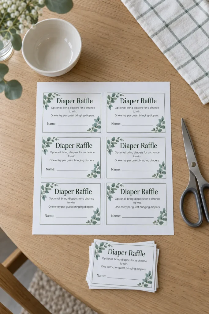 Botanical diaper raffle tickets and scissors on a preparation table
