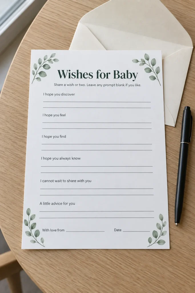 Botanical baby wish card and pen ready for a baby shower