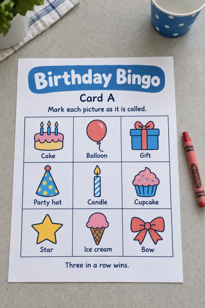 Birthday bingo Card A and crayon on a table