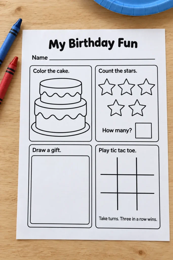 Birthday activity placemat ready with crayons on a table