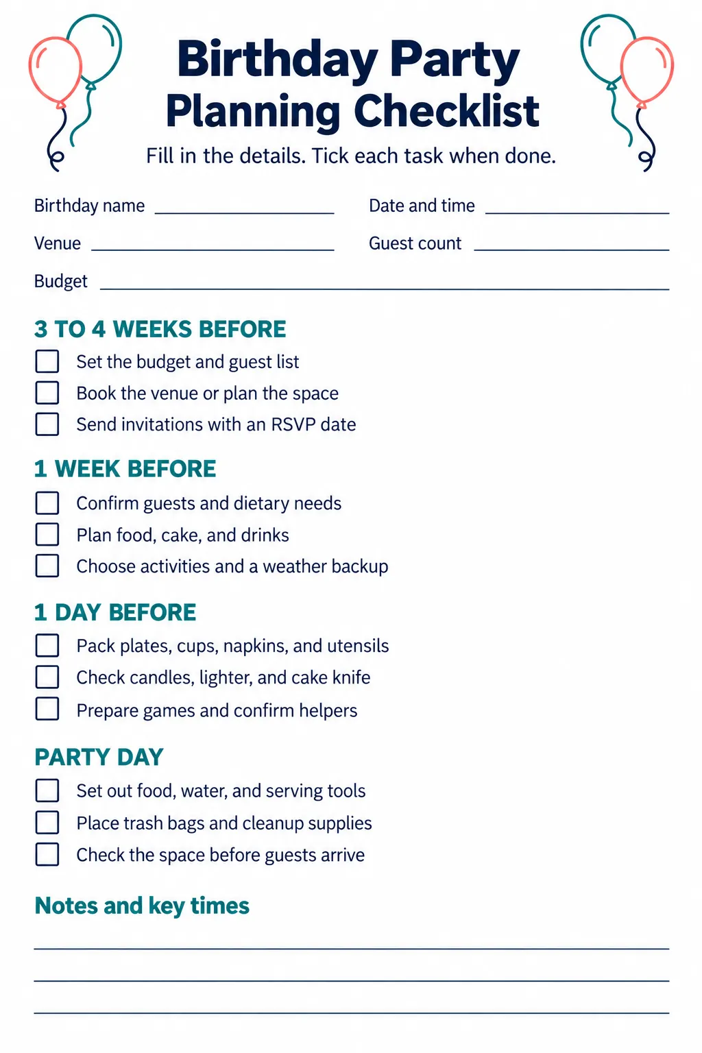 Birthday party planning checklist with preparation tasks and blank party details