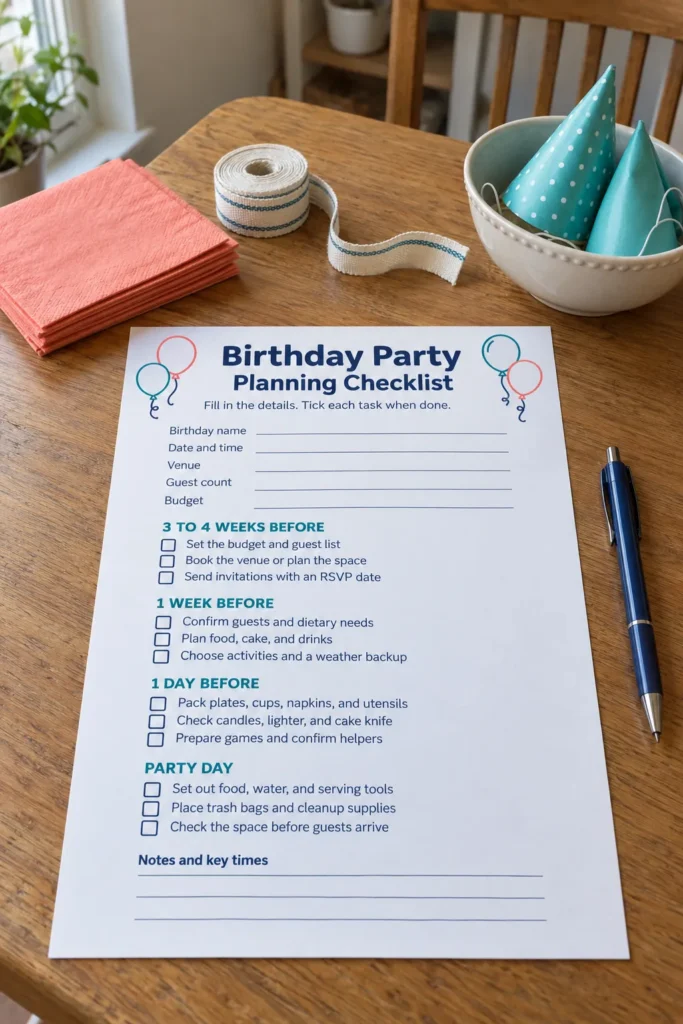 Birthday planning checklist on a kitchen table beside napkins and party supplies