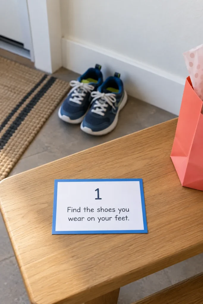 First birthday clue card beside child shoes in a home entryway
