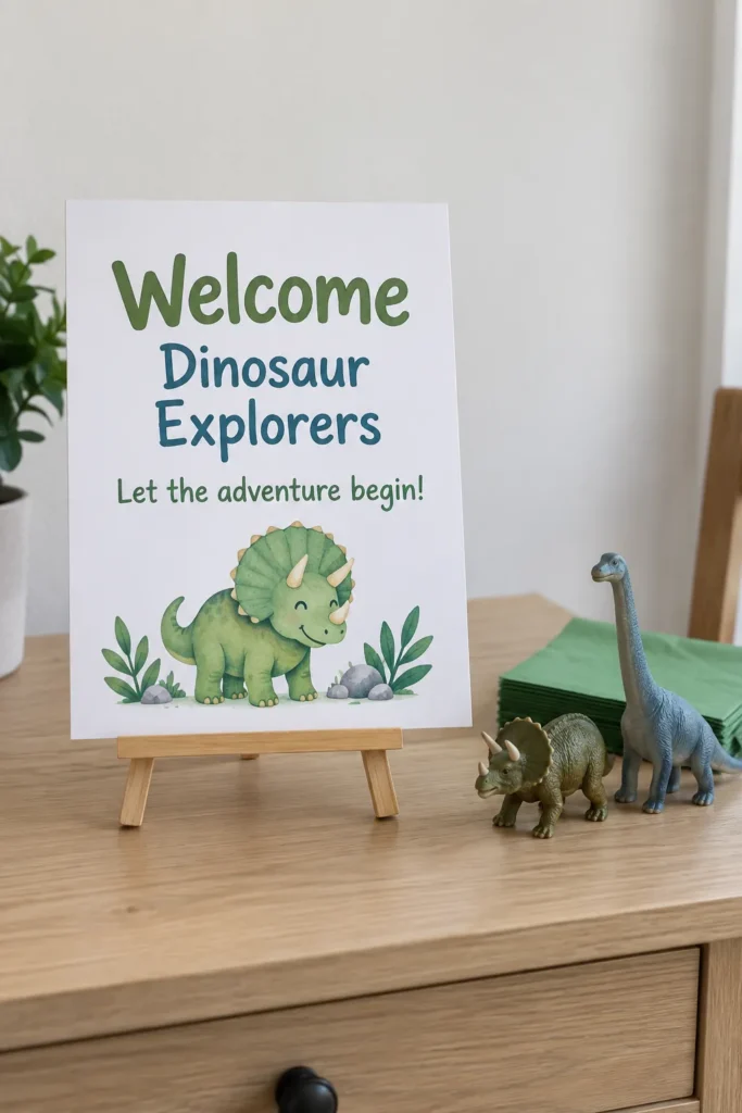Dinosaur birthday welcome printable beside toy dinosaurs on a home table