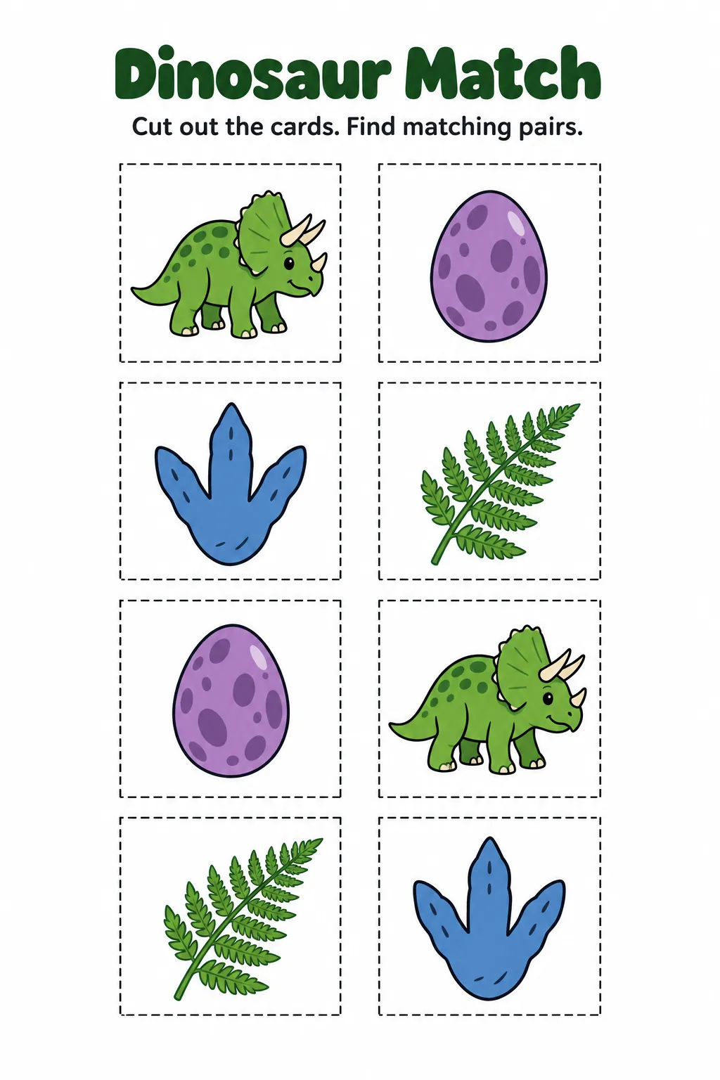 Match four pairs of prehistoric pictures printable for a dinosaur birthday party