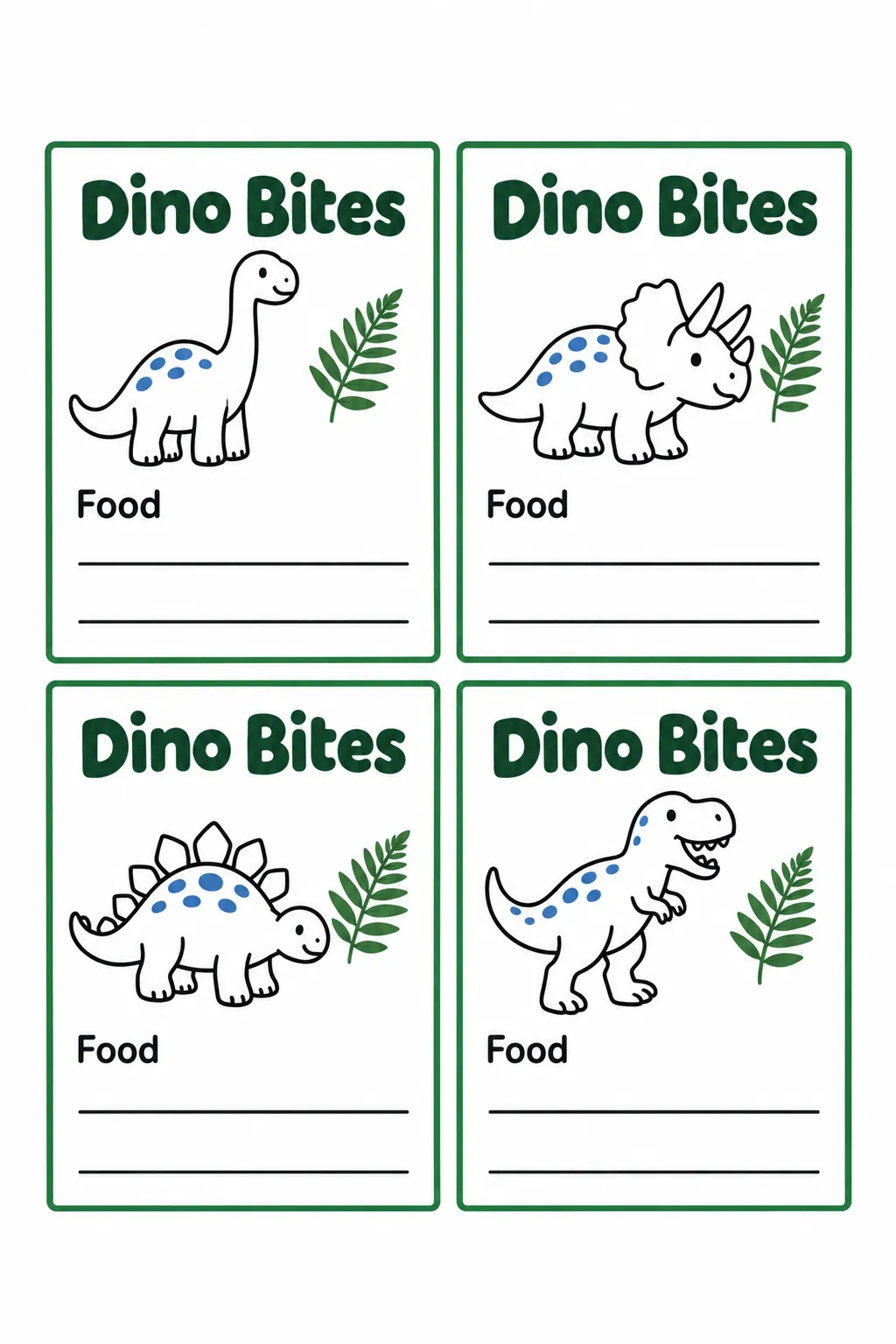 Label snacks without hiding what is served printable for a dinosaur birthday party