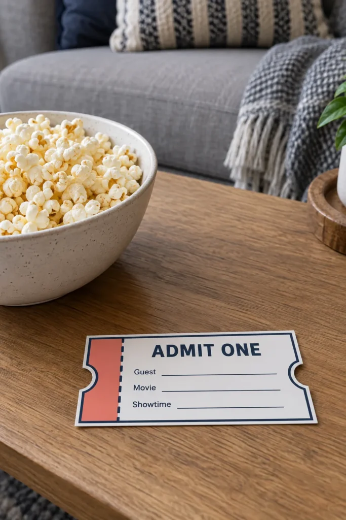 Movie night admission ticket and popcorn on a home coffee table