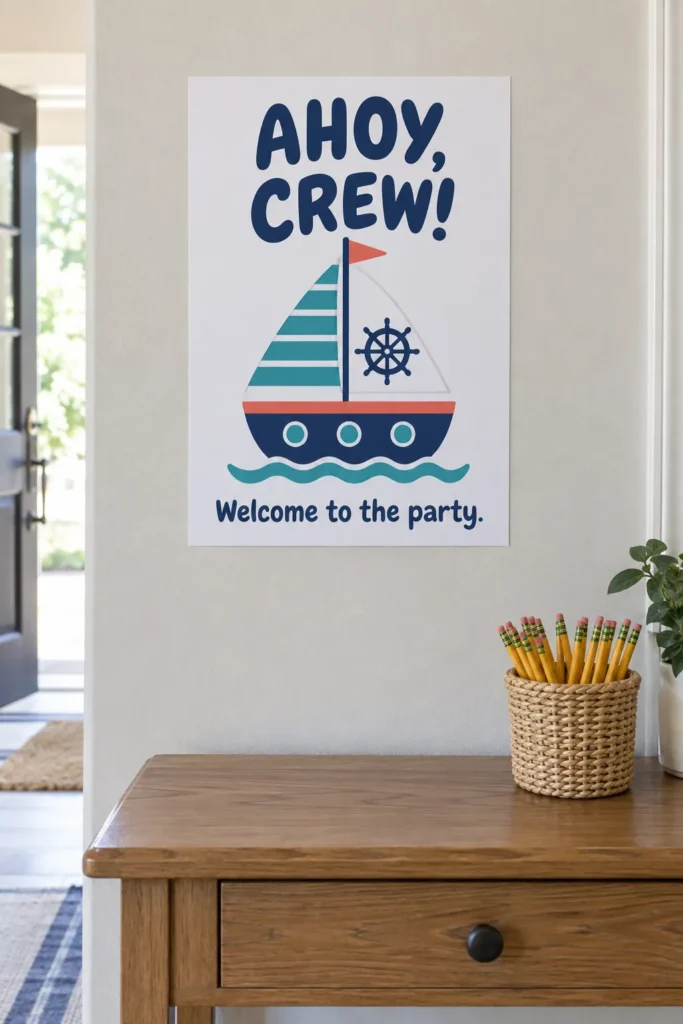Pirate welcome printable displayed at a home birthday party entrance