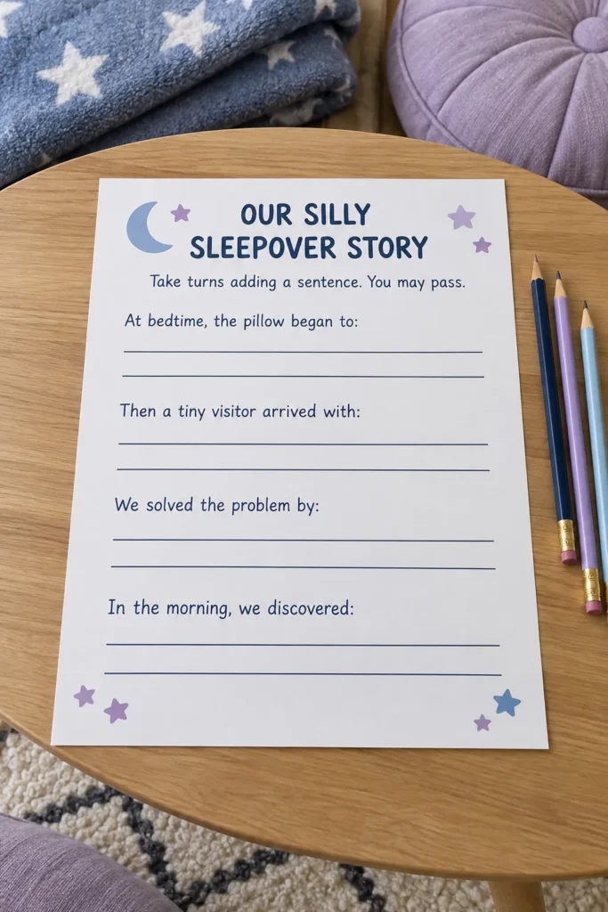Sleepover story printable and pencils on a table beside cushions