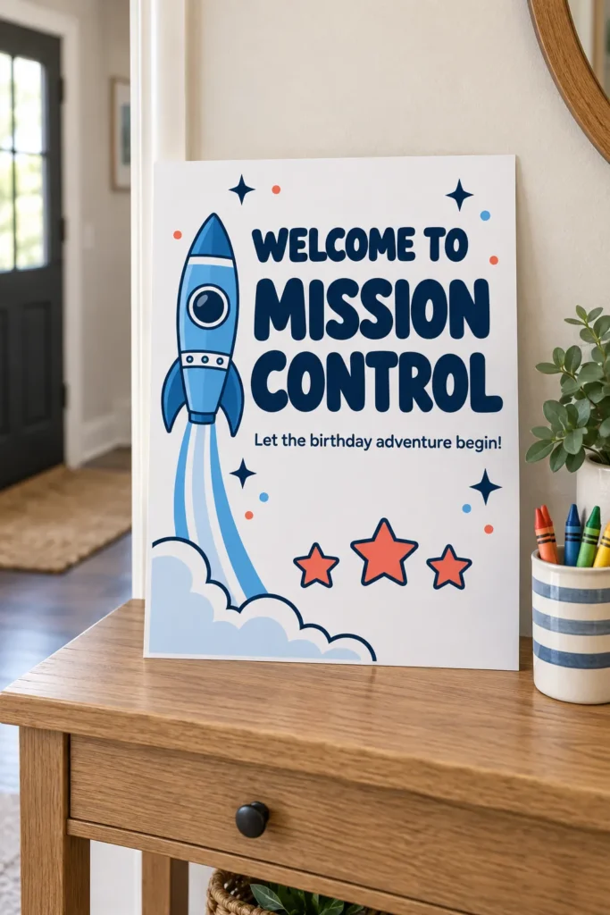 Space birthday welcome printable displayed on a home entry table