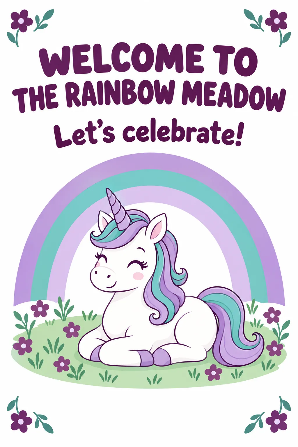 Rainbow meadow welcome poster printable for a unicorn birthday party