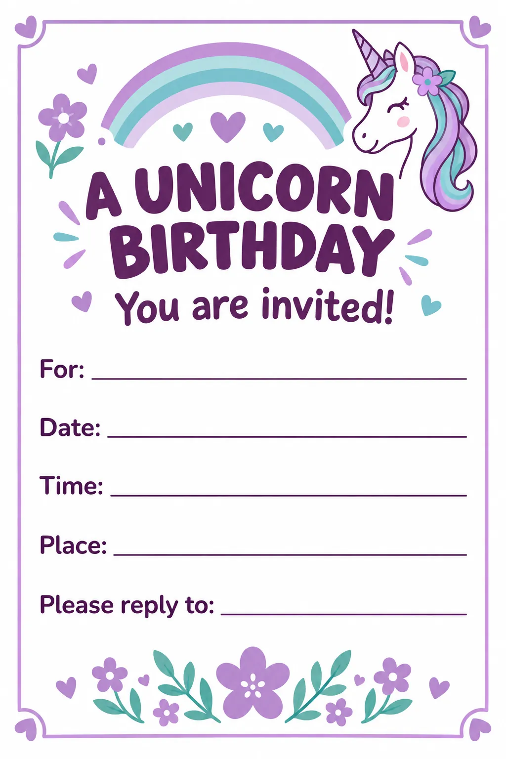 Unicorn birthday invitation printable for a unicorn birthday party