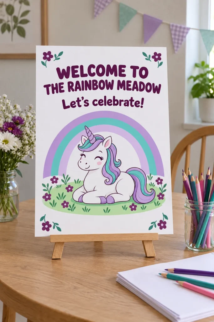 Rainbow meadow unicorn welcome poster on a home party table