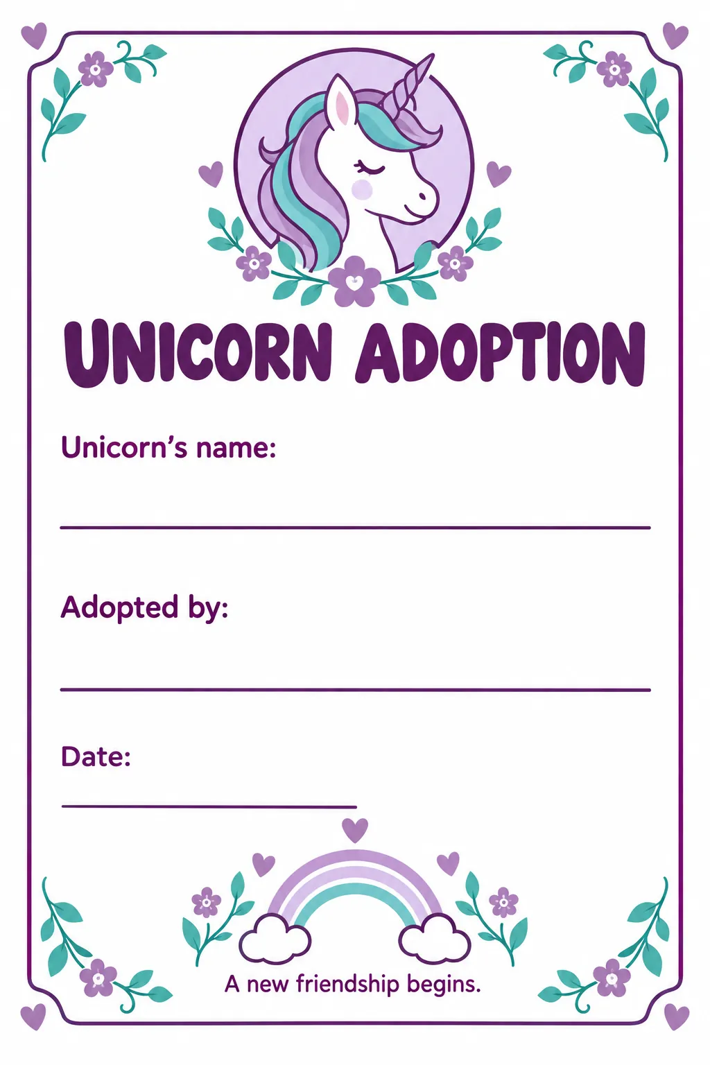 Unicorn adoption certificate printable for a unicorn birthday party