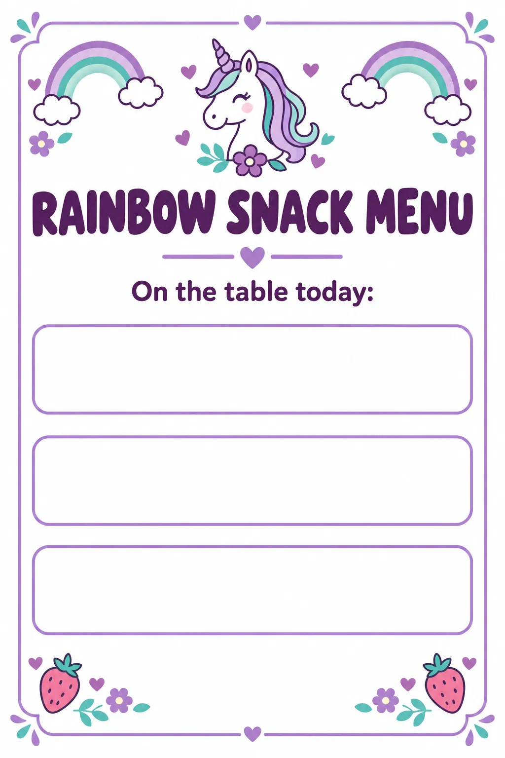 Rainbow snack menu printable for a unicorn birthday party