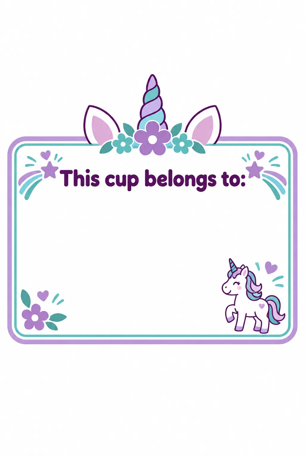 Cup name label printable for a unicorn birthday party