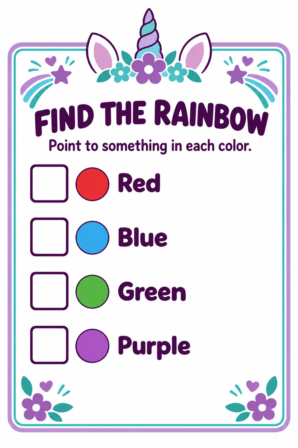Find the rainbow checklist printable for a unicorn birthday party
