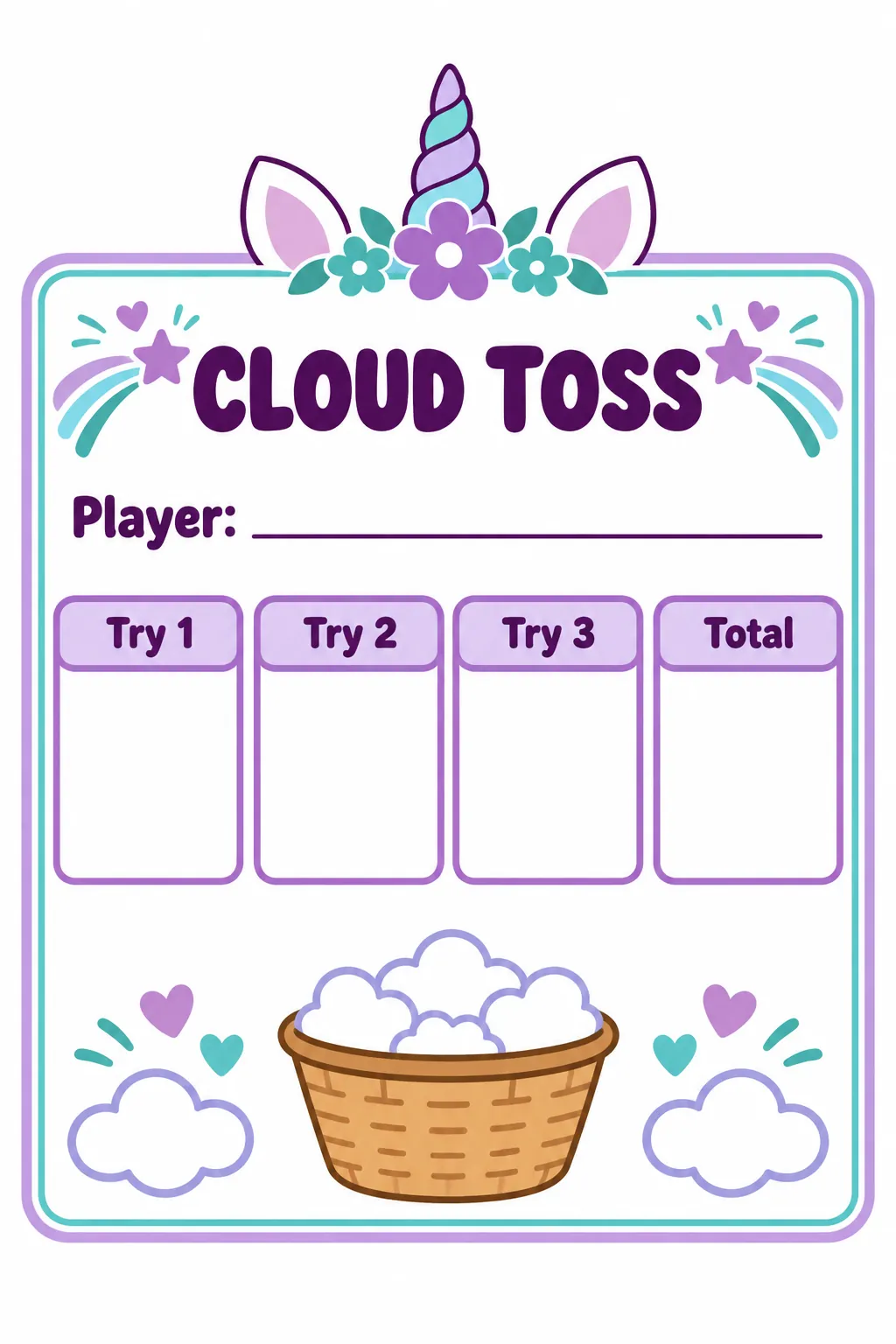 Cloud toss tally printable for a unicorn birthday party