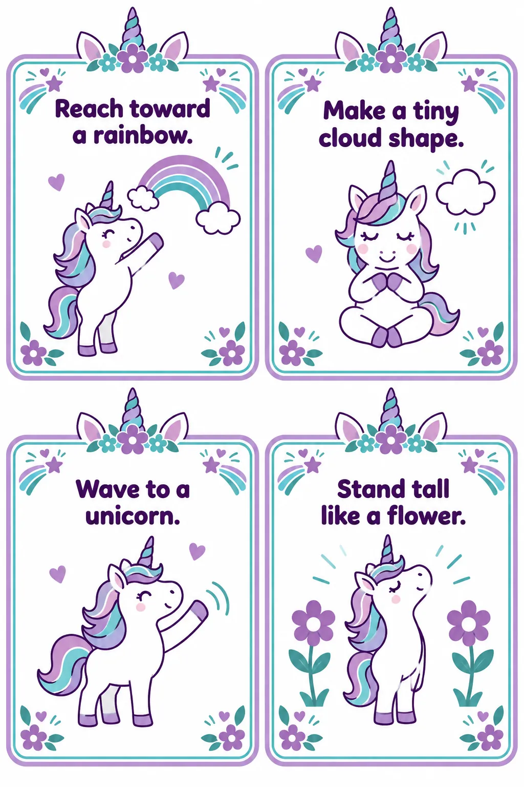 Unicorn pose cards printable for a unicorn birthday party