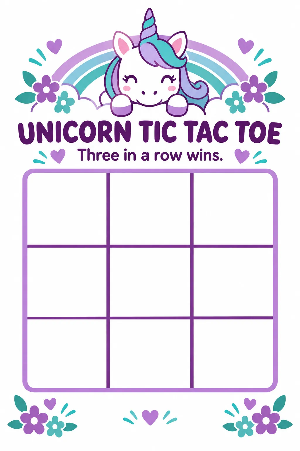 Unicorn tic tac toe printable for a unicorn birthday party