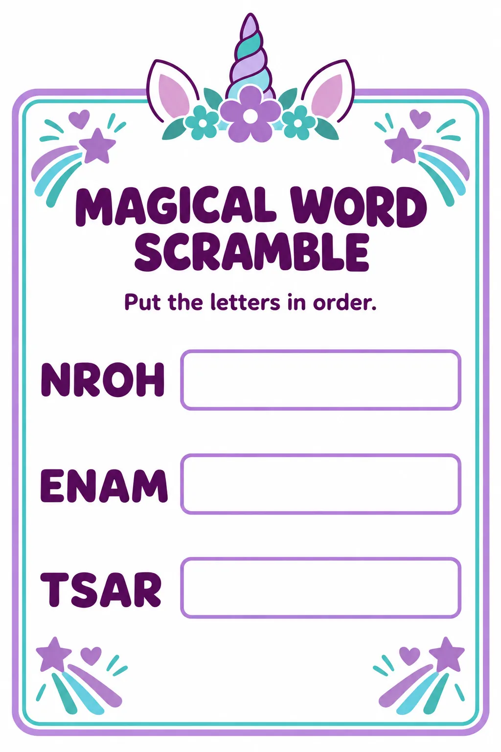 Magical word scramble printable for a unicorn birthday party